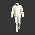 Beige Down Jacket With Stand Collar Zipper Closure And White Pants Winter Outfit