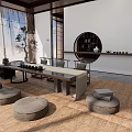 Modern Open Tea Room With Wooden Lattice Doors Round Window Marble Floor And Bookshelves