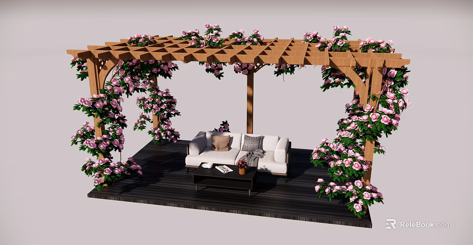 Wooden Pergola Covered With Pink Flowers And White Sofa On Wooden Deck 3d model 