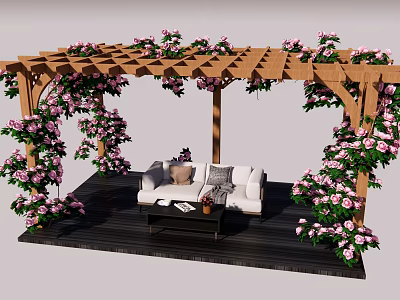 Wooden Pergola Covered With Pink Flowers And White Sofa On Wooden Deck 3d model