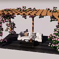 Wooden Pergola Covered With Pink Flowers And White Sofa On Wooden Deck