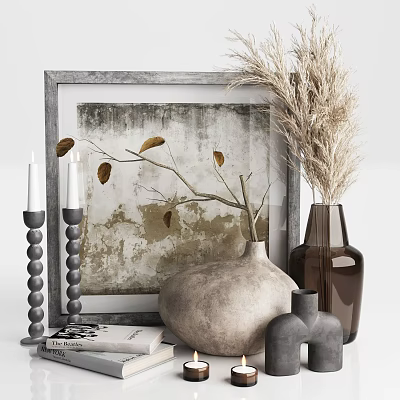Decorative Ornament Set with Framed Artwork Dried Pampas Grass Vases Candle Holders and Books 3d model