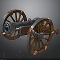 Vintage Cannon Weapon With Wooden Wheels Metal Barrel And Red Accents