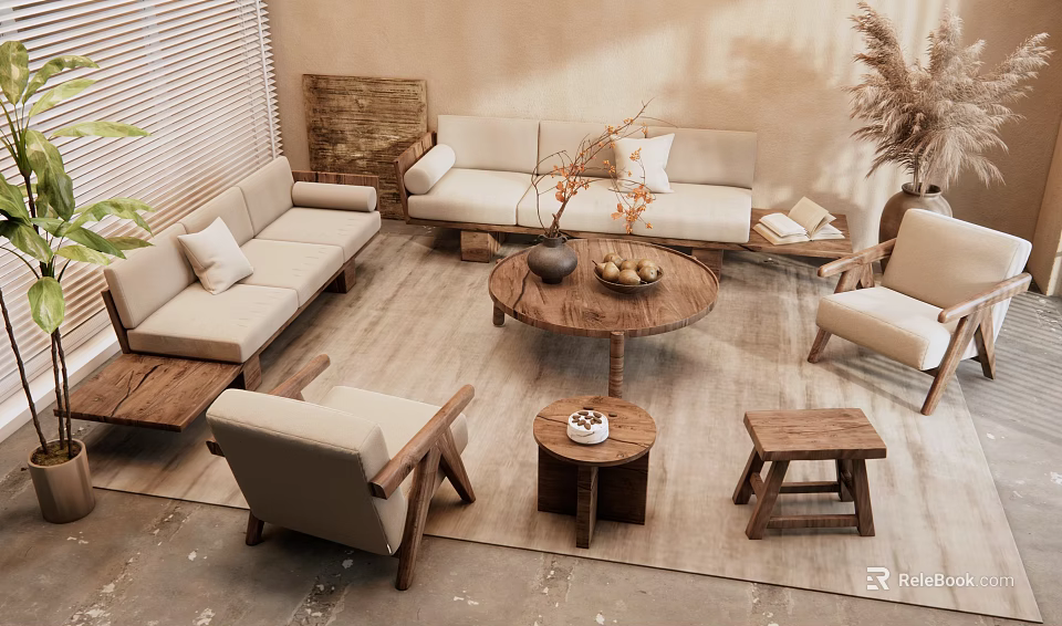 Upholstered Sofa And Round Wooden Coffee Table Set In Warm Natural Living Room With Plants 3d model 