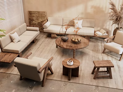 Upholstered Sofa And Round Wooden Coffee Table Set In Warm Natural Living Room With Plants 3d model