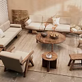 Upholstered Sofa And Round Wooden Coffee Table Set In Warm Natural Living Room With Plants