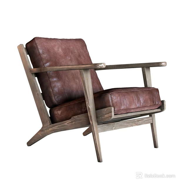Brown Leather Accent Chair With Rustic Wooden Frame And Comfortable Design 3d model 