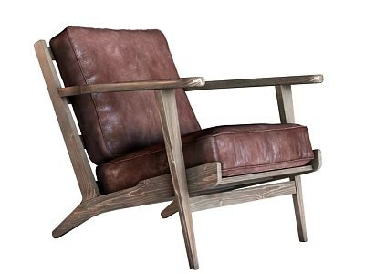 Brown Leather Accent Chair With Rustic Wooden Frame And Comfortable Design 3d model
