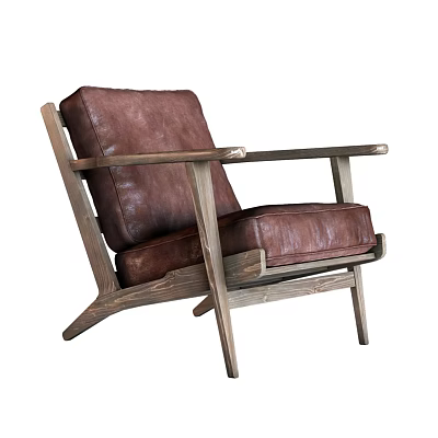 Brown Leather Accent Chair With Rustic Wooden Frame And Comfortable Design 3d model