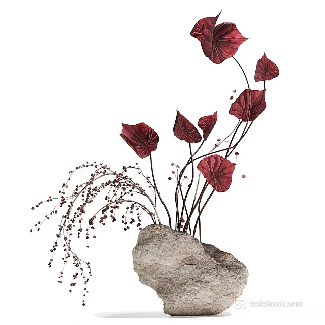 Red Brown Leaf Decorative Flower Arrangement With Rock Base Slender Stems And Small Berries 3d model 