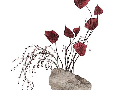 Red Brown Leaf Decorative Flower Arrangement With Rock Base Slender Stems And Small Berries 3d model