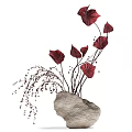 Red Brown Leaf Decorative Flower Arrangement With Rock Base Slender Stems And Small Berries