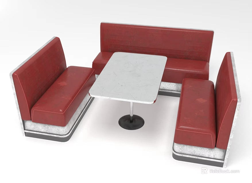 Red Leather Booth Seating Set With Light Colored Marble Table And Metal Base 3d model