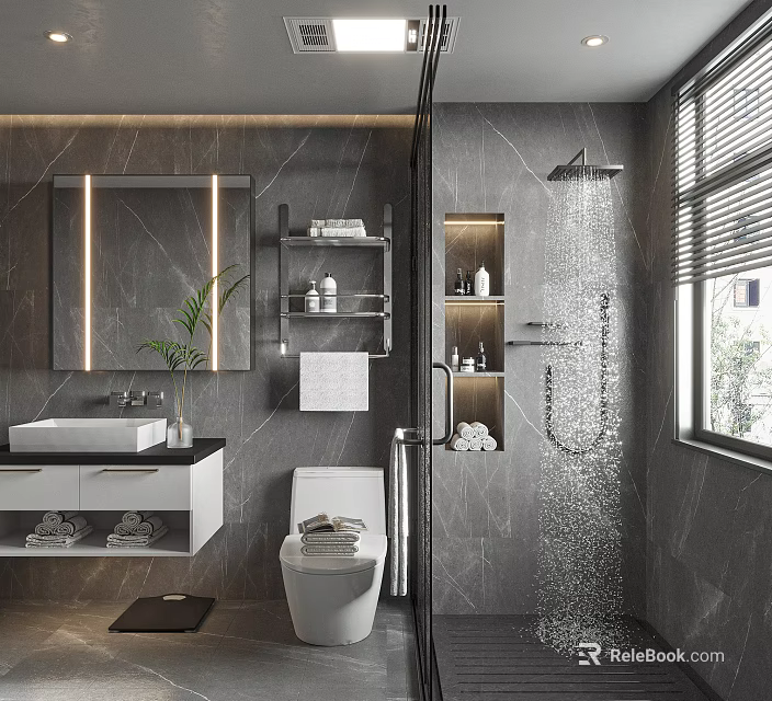 Elegant Modern Bathroom Interior With Marble Walls Large Mirror White Vanity Toilet Shower And Plant 3d model 