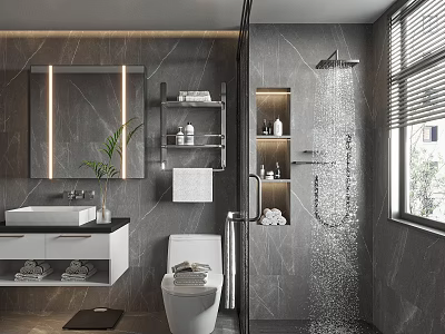 Elegant Modern Bathroom Interior With Marble Walls Large Mirror White Vanity Toilet Shower And Plant 3d model
