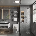Elegant Modern Bathroom Interior With Marble Walls Large Mirror White Vanity Toilet Shower And Plant