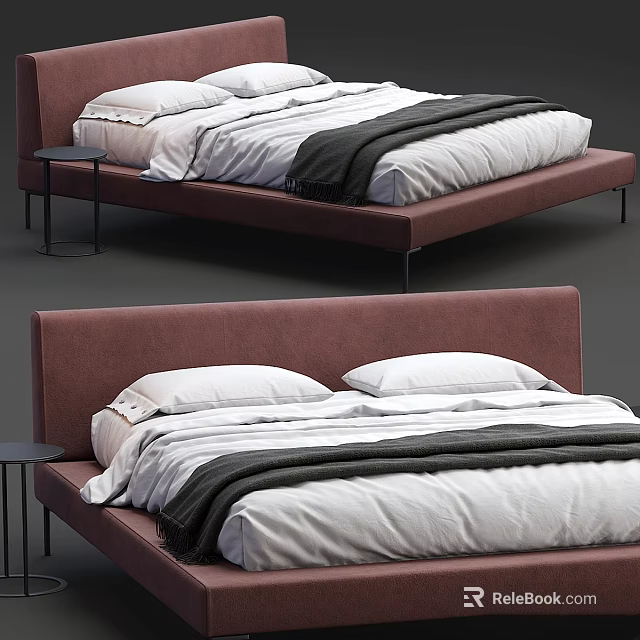 Modern Double Bed With Reddish Pink Headboard White Sheets Black Blanket And Small Side Table 3d model