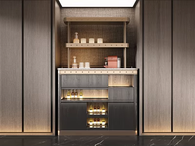 Elegant Modern Decorative Cabinet With Wooden Panels Open Shelves Marble Top And Illuminated Wine Rack 3d model