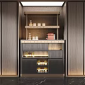 Elegant Modern Decorative Cabinet With Wooden Panels Open Shelves Marble Top And Illuminated Wine Rack