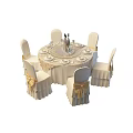 Elegant Round Dining Table Setup With White Tablecloth Bow Decorated Chairs Tableware And Wine Bottle 3d model