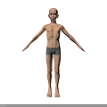 Shirtless Bald Man With Gray Shorts And Barefoot Standing In White Background
