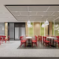 Modern Restaurant Interior With Red Chairs White Tables Wall Slogan And Pendant Lights