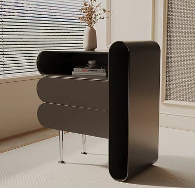 Modern Curved Black Bedside Table With Metal Legs Vase And Stacked Books 3d model