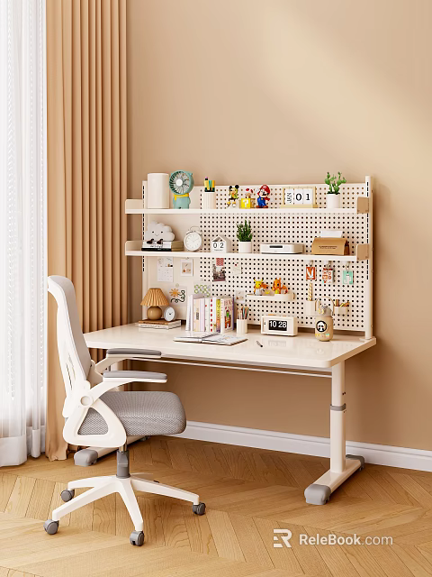 Cozy Home Office Desk With White Pegboard Organizer Books Table Lamp And Chair 3d model 