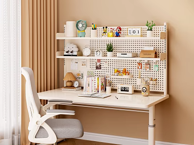 Cozy Home Office Desk With White Pegboard Organizer Books Table Lamp And Chair 3d model