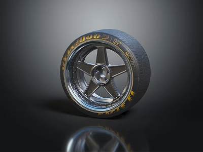 Tire with Star Shaped Silver Wheel and Side Yellow Flames on Dark Background with Reflection 3d model