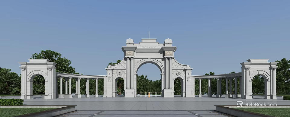 Classical White Entrance Gate With Arch Design Columns And Blue Sky Trees 3d model 