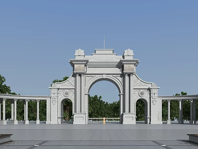 Classical White Entrance Gate With Arch Design Columns And Blue Sky Trees 3d model