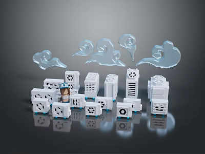 Various White Electronic Appliances Arranged With Decorative Clouds And Small Figurine 3d model