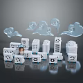 Various White Electronic Appliances Arranged With Decorative Clouds And Small Figurine 3d model
