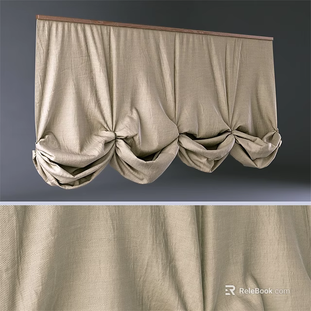 Beige Linen Curtain With Pleated Design And Knotted Bottom For Home Decor 3d model 