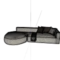 Beige Sectional Sofa with Round Ottoman Plush Cushions and Checkered Throw 3d model
