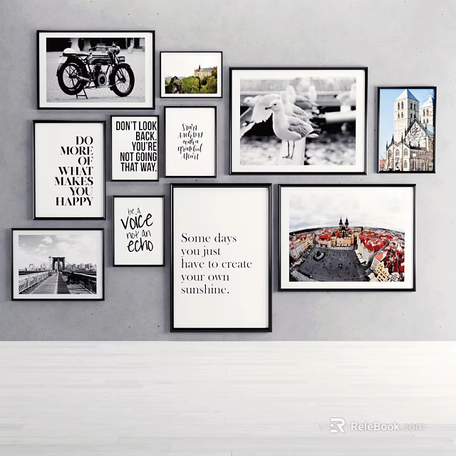 Stylish Photo Wall Display With Multiple Frames Quote Posters Landscape And City Aerial View 3d model 