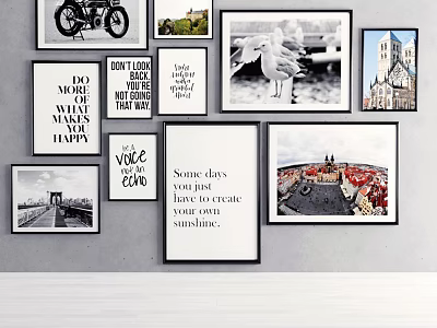 Stylish Photo Wall Display With Multiple Frames Quote Posters Landscape And City Aerial View 3d model