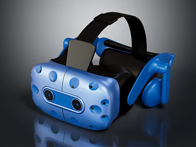 Blue VR Headset With Black Head Strap And Built In Headphones For Electronic Devices 3d model