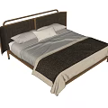 Modern Double Bed With Linen Headboard Wooden Frame Beige Gray Bedspread And Pillows