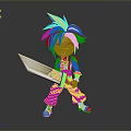 Chibi Style Character With Spiky Blonde Hair Holding Large Sword White Outfit And White Shoes