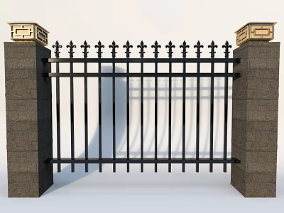Building Exterior Wall Featuring Black Iron Gate And Stone Pillars With Golden Tops 3d model
