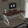 Modern Wooden Office Desk With White Legs Monitor Keyboard Mouse Table Lamp And Books