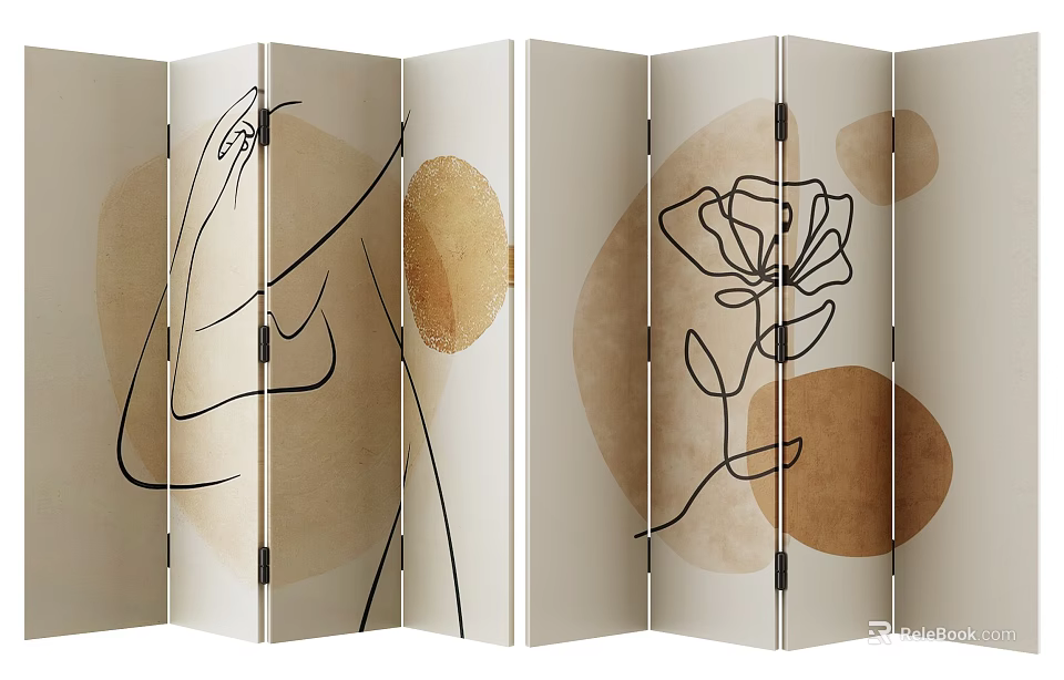 Artistic Folding Room Divider With Line Art Figures And Floral Patterns 3d model 