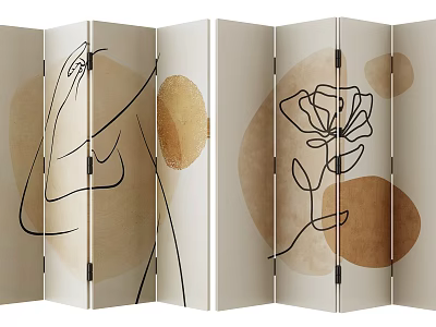 Artistic Folding Room Divider With Line Art Figures And Floral Patterns 3d model