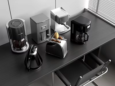 Modern Kitchen Appliances Collection With Coffee Maker Toaster And Kettle On Black Countertop 3d model