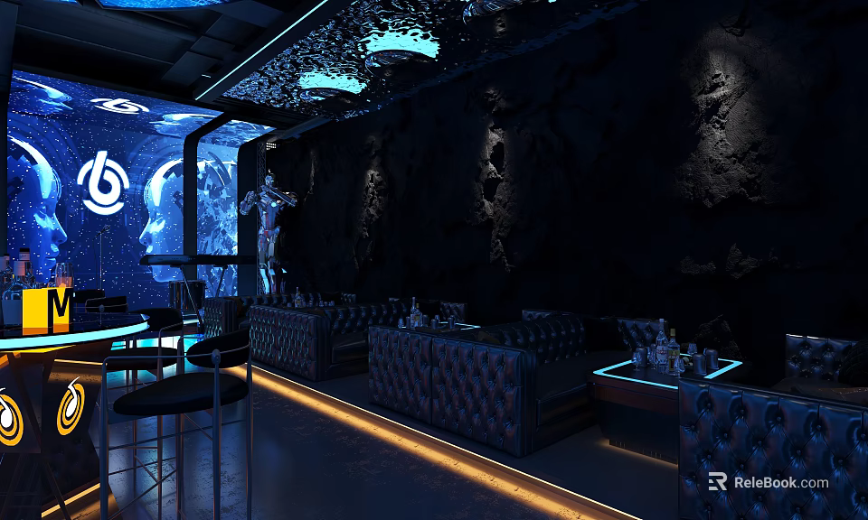 Modern Starry Sky Theme Bar Interior With Blue Lighting Black Walls And Leather Sofas 3d model 
