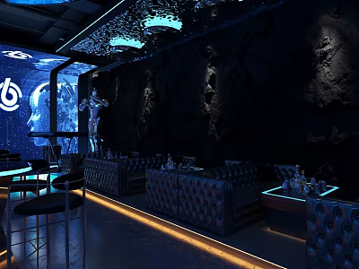 Modern Starry Sky Theme Bar Interior With Blue Lighting Black Walls And Leather Sofas 3d model