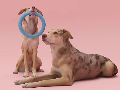 Two Dogs Playing with Blue Ring Toy Sitting and Lying on Pink Background 3d model