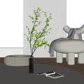 Green Branches In Transparent Vase White Blinds Beige Sofa Checkered Blanket Woven Basket Home Interior